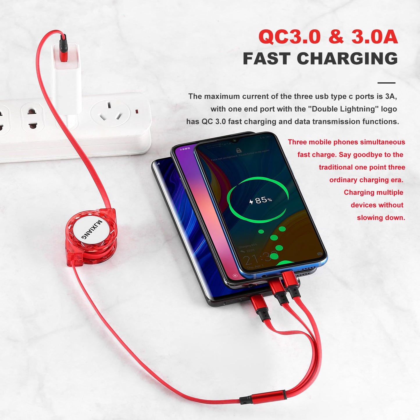 Multi USB C Retractable Cable 3.3FT 2-Pack, QC 3.0(3A) USB C Splitter Cable 3 in 1 with 3 Type C Ports, Fast Charging for iPhone 17/16/15 Series, iPad