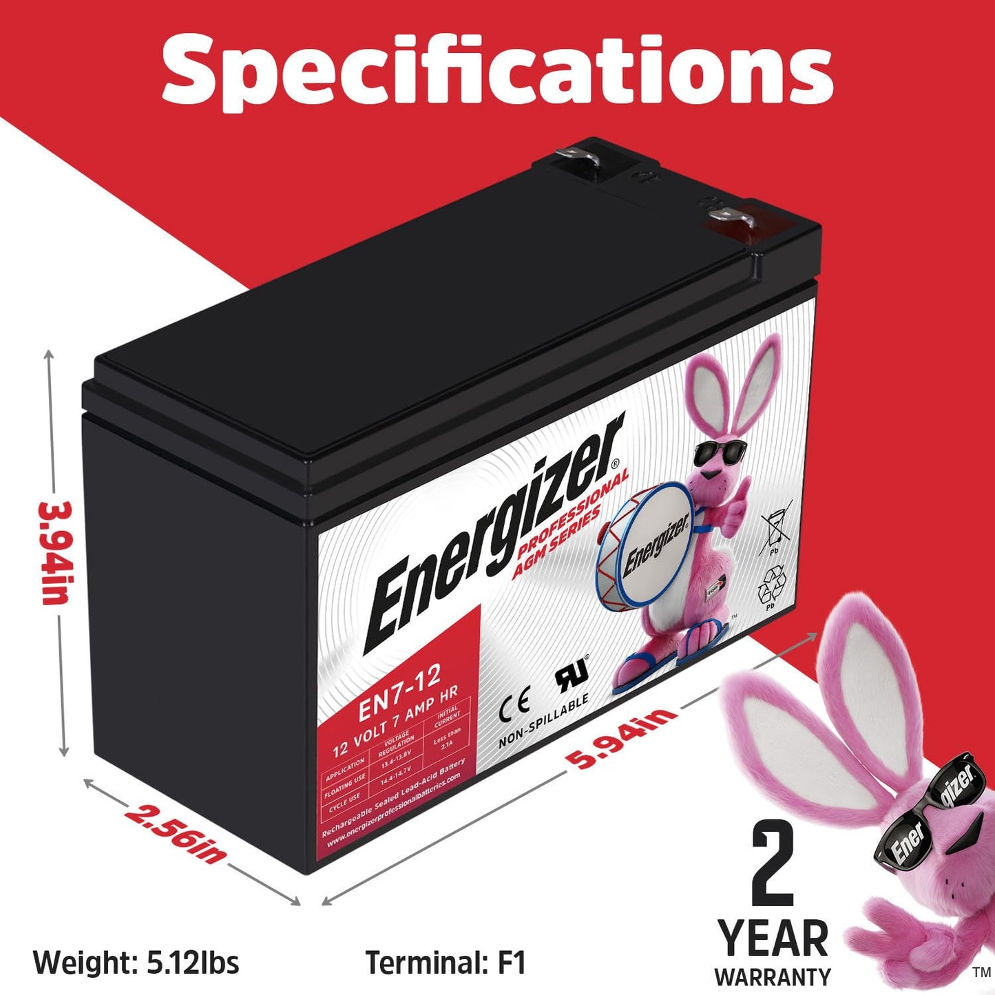 Energizer EN7-12, 12 Volt 7 Amp Hr, Long Lasting Sealed Lead Acid AGM Rechargeable Battery Ideal for Use in Home Alarm Systems, Backup Power…