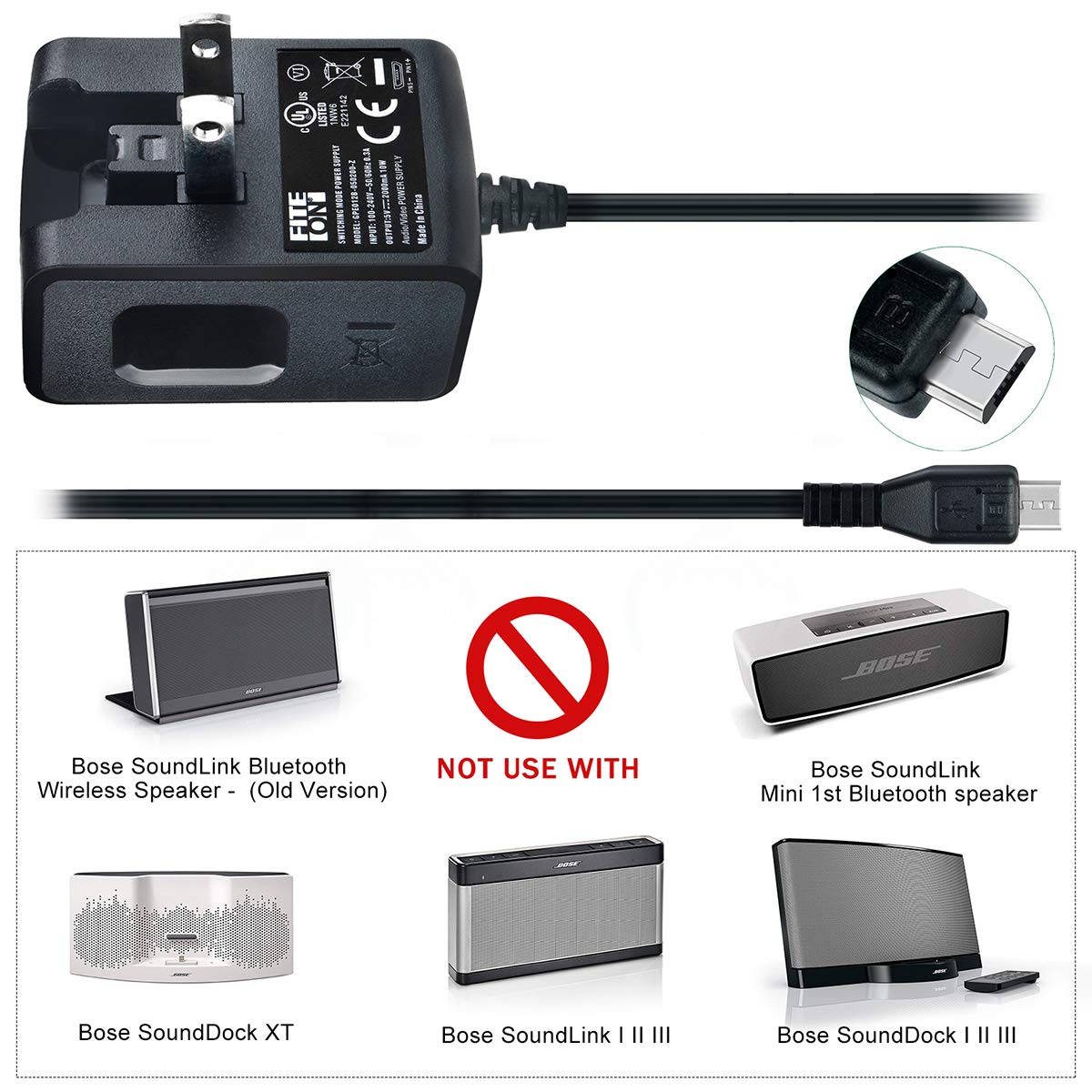 FITE ON 5V Adapter Compatible with Bose SoundLink Color Bluetooth Portable Speaker,Bose SoundLink Color II/Mini II/Mini II Limited Edition/Revolve//Micro/739617-1110 739523-1110 627840 Speaker,QuietC