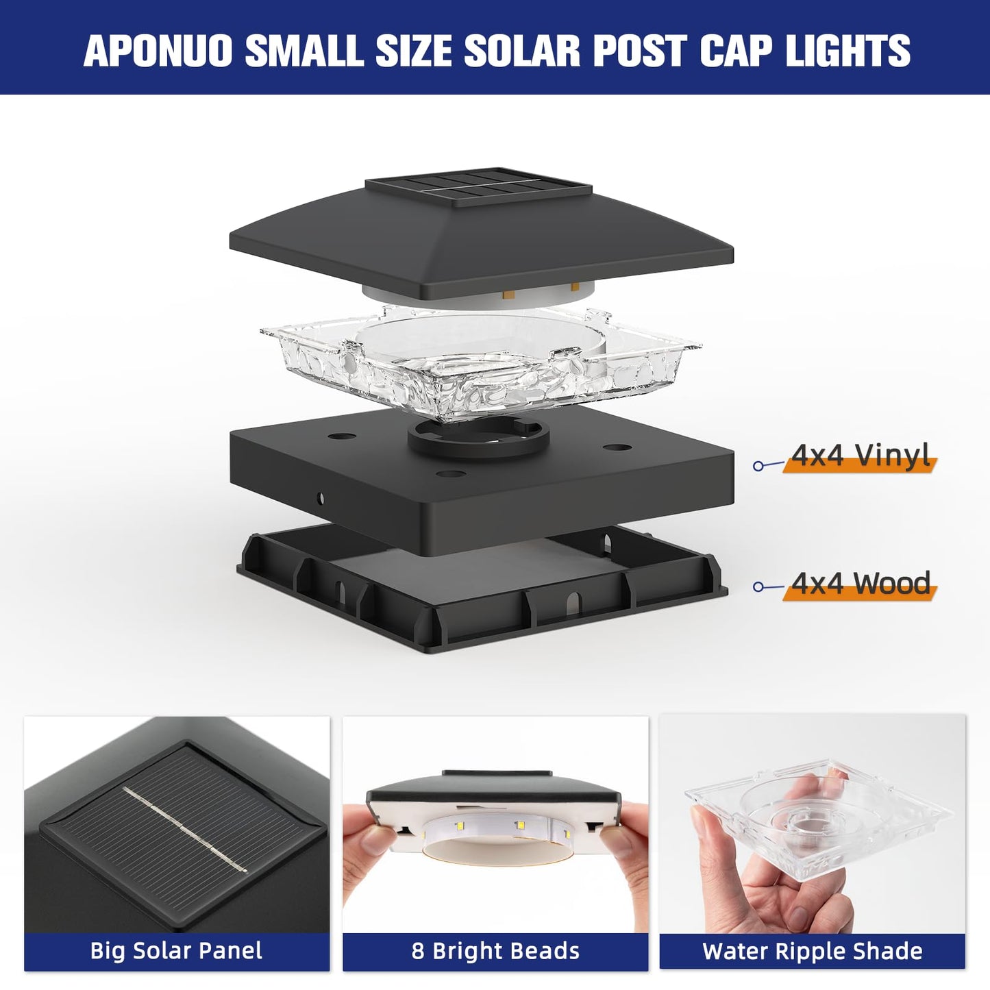 APONUO Solar Post Cap Lights for 4x4 Posts - IP64 Waterproof, 3000K LED, No-Wire Fence Lights & Deck Lights for Patio Garden Yard Patio, Black-Warm