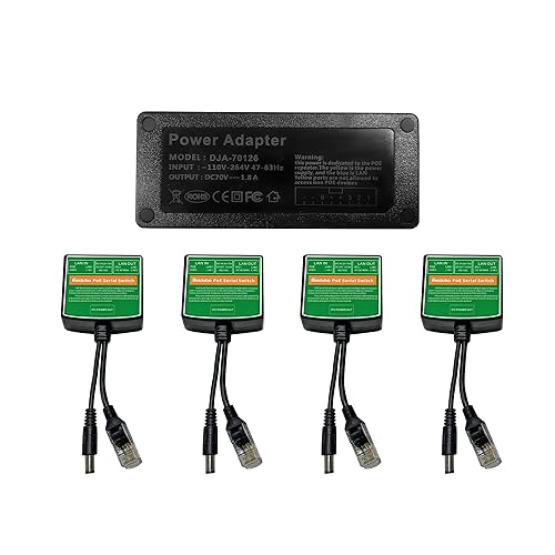 PoE Injector Adapter with 4 PoE Splitters 5.5x2.1mm 12V2A Output, PoE Serial Splitter Kit Comply IEEE 802.3af/at Standard, Total Distance Up to 1312