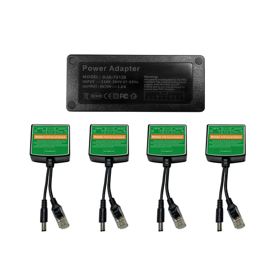 PoE Injector Adapter with 4 PoE Splitters 5.5x2.1mm 12V2A Output, PoE Serial Splitter Kit Comply IEEE 802.3af/at Standard, Total Distance Up to 1312