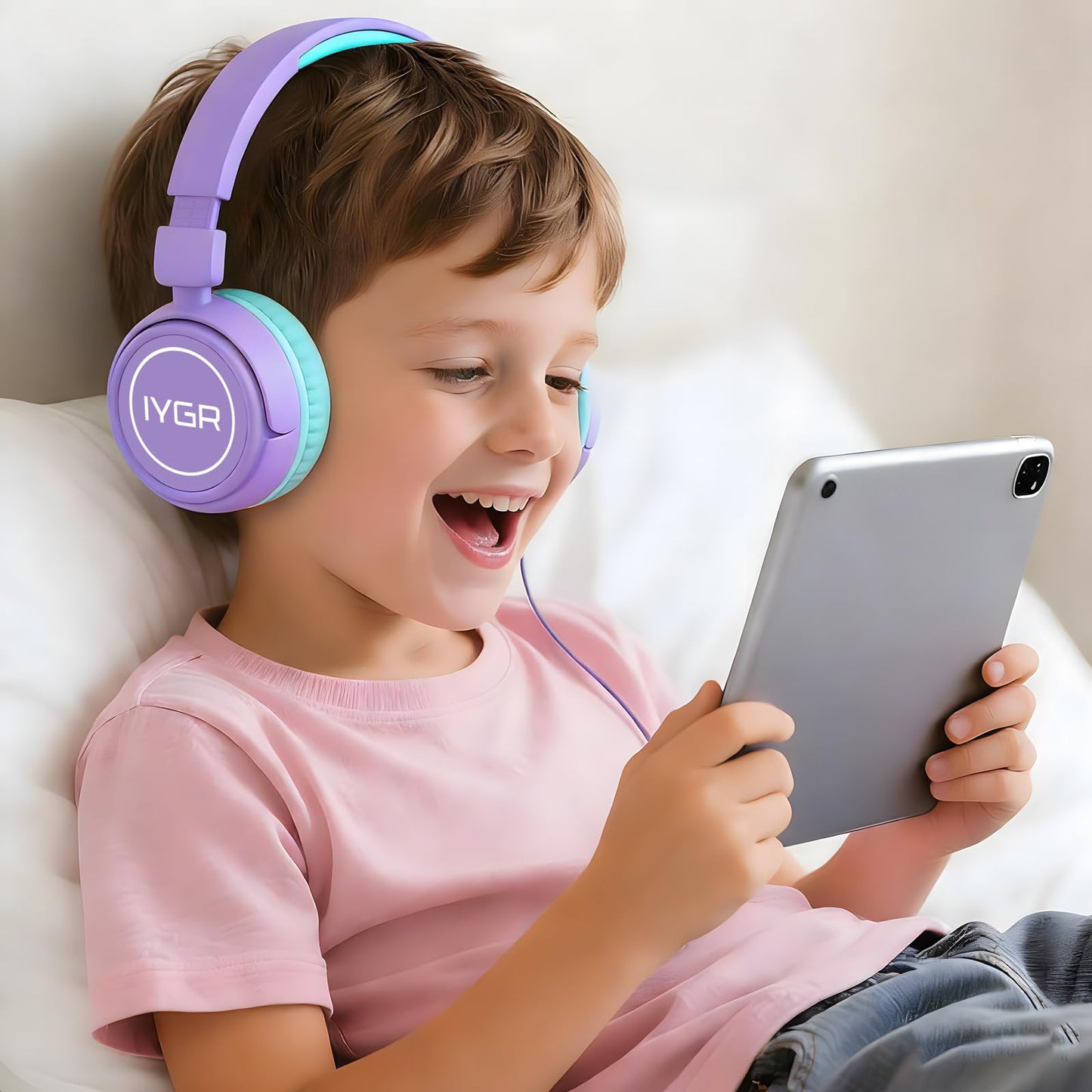 IYGR K6C Kids Headphones with USB-C, for Toddler & Kids Ages 2-12, 85dB Safe Volume Limited, Adjustable Headband & Foldable Wired, On-Ear Headphones