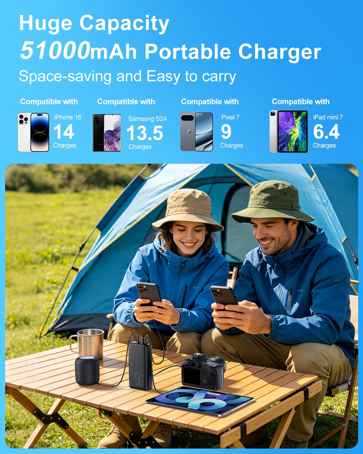 Eliegntist 51000mAh Portable Charger with Built-in USB-C & Lightning Cables, 22.5W Fast Charging Power Bank, High Capacity Battery Pack for iPhone