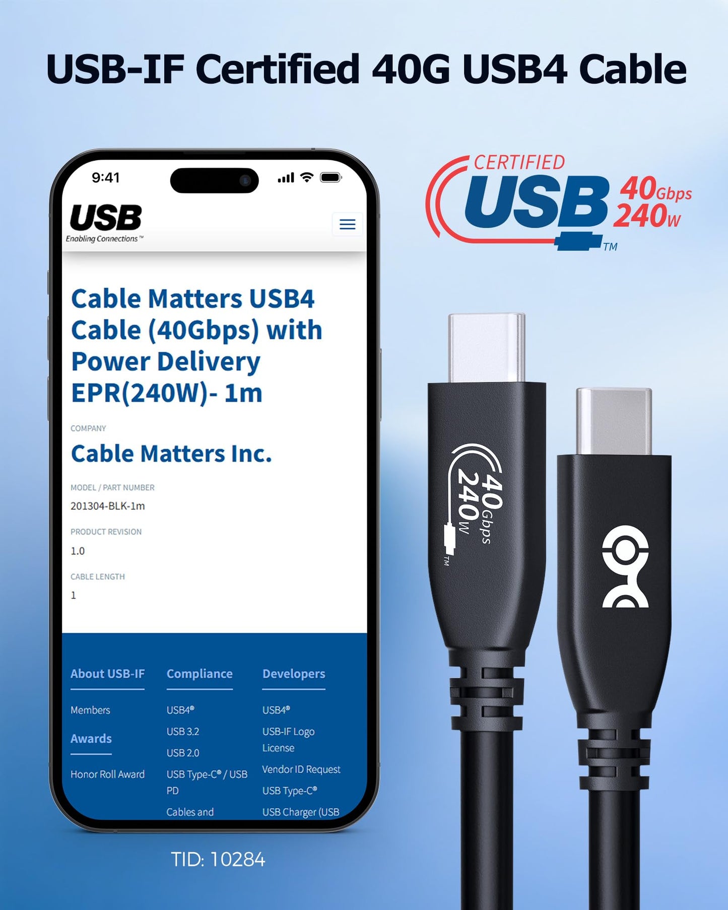Cable Matters [USB-IF Certified] 40Gbps USB 4 Cable - 3.3ft, Supports Up to [8K@60Hz / 4K@240Hz Video, 240W Charging, 40Gbps Data Transfer] USB4