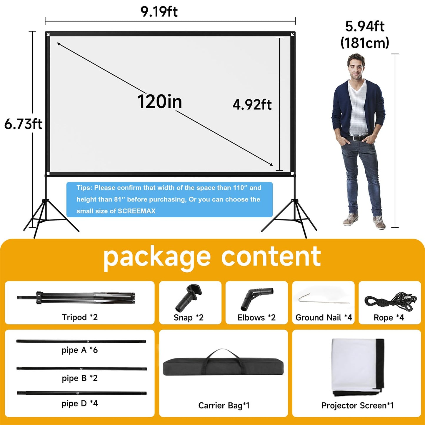Outdoor Projector Screen with Stand, SCREENMAX 120 inch Foldable Projector Screens with Portable Carry Bag, 16:9 4k HD Rear Front Wrinkle-Free