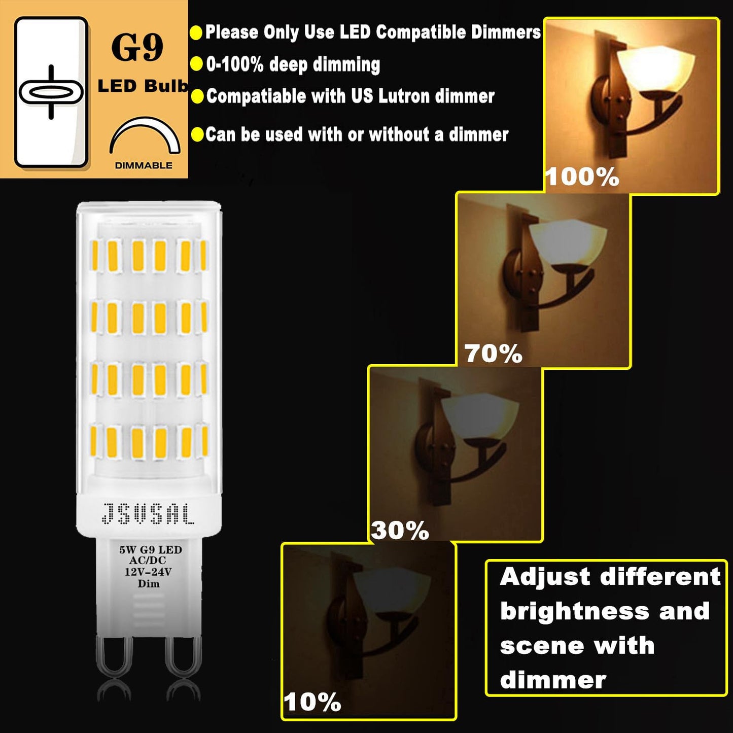 JSVSAL G9 LED Bulb Dimmable Low Voltage 12V-24V,Daylight White 5000K,4-Pack
