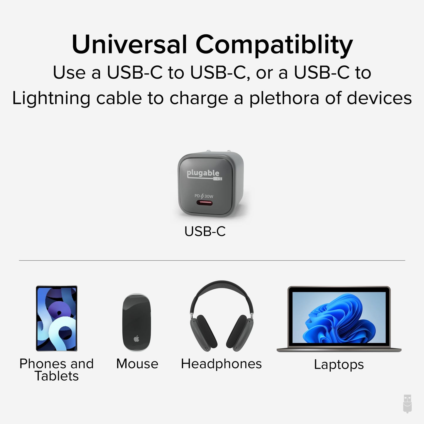 Plugable 30W USB-C GaN Charger - MagSafe-Compatible, Fast Charging for iPhone, iPad, Galaxy & USB-C Devices - IT Deployment, Business Travel & Remote