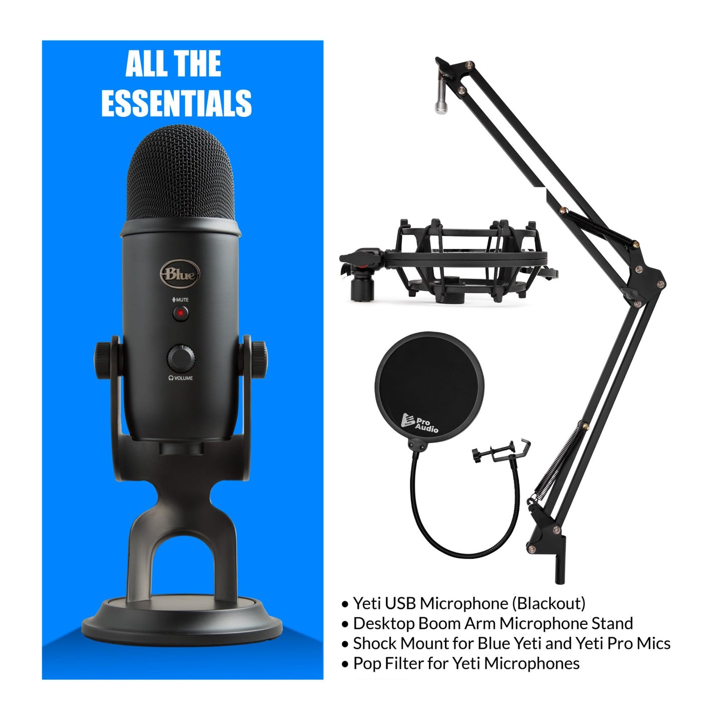 Blue Yeti Microphone (Blackout) Bundle with Boom Arm Stand, Pop Filter and Shock Mount (4 Items)