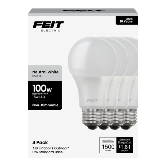 Feit Electric A19 LED Light Bulbs, 100W Equivalent, 1500 Lumens, Neutral White 3000K, 15W, 11,000-Hour Lifespan, General Purpose Indoor/Commercial