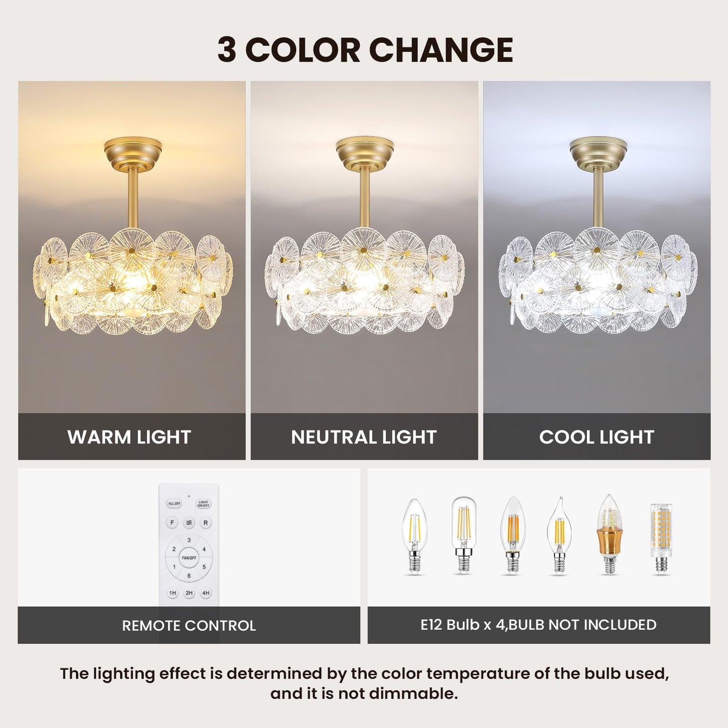 NOXARTE 20" Gold Crystal Fandelier Mid Century Gold Caged Ceiling Fan with Light and Remote Multi-Tier Flower Chandelier Fan with 6 Speeds for Living