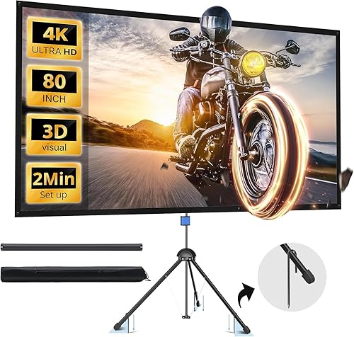 Projector Screen with Stand, Paris RHÔNE 80-inch Outdoor Indoor Projector Screen 16:9 4K HD PVC, 1.5 Gain Portable Wrinkle-Free Movie Screen for Home