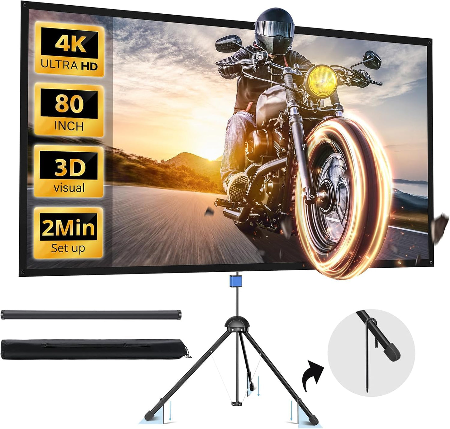 Projector Screen with Stand, Paris RHÔNE 80-inch Outdoor Indoor Projector Screen 16:9 4K HD PVC, 1.5 Gain Portable Wrinkle-Free Movie Screen for Home