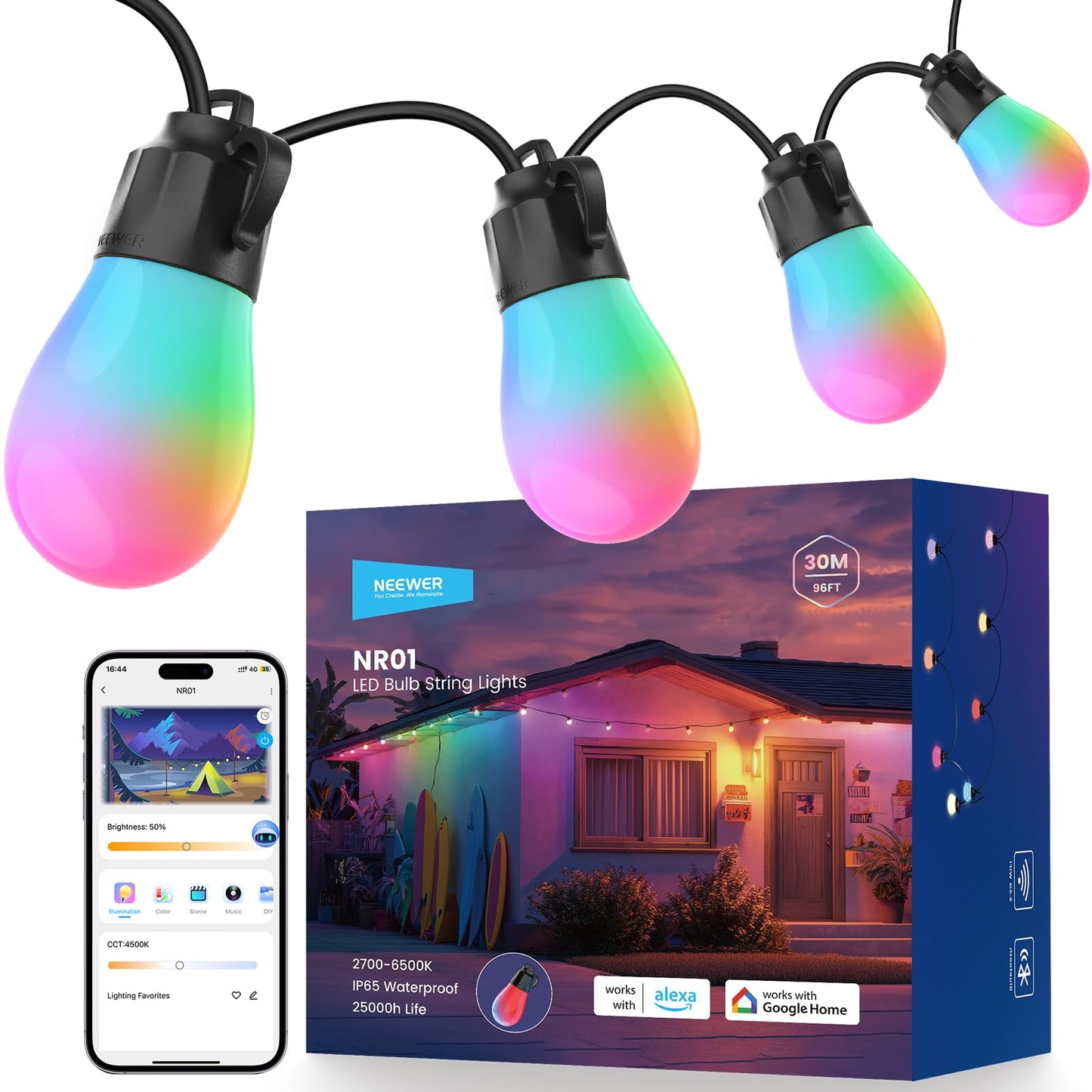 NEEWER 96ft Outdoor String Lights, App Control Smart AI RGBW Hanging Outside Warm White Patio Balcony Backyard Lighting, IP65 Waterproof, 30 LED