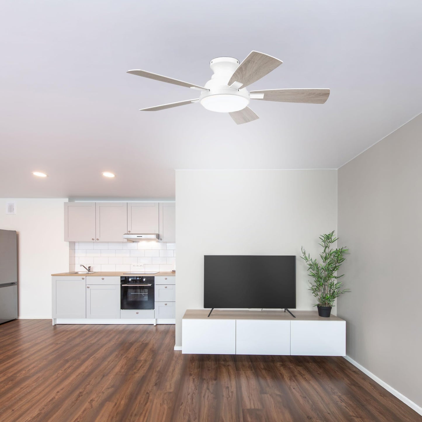 Eleve Comfort Fresh White 44 Inch Low Profile 5 Blade Indoor Ceiling Fan, Ideal for Bedrooms and Living Rooms, Quiet DC Motor, LED Light with Remote