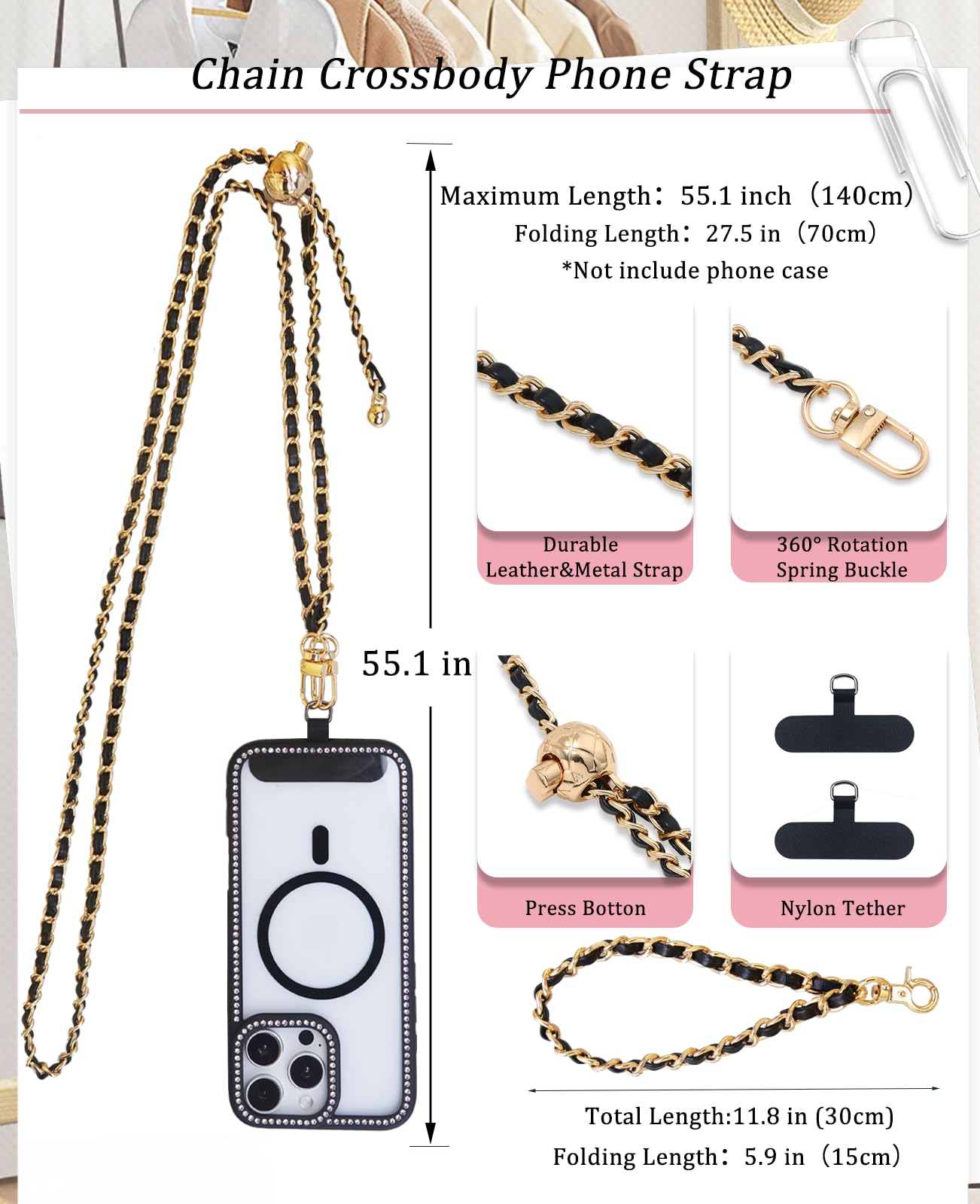 Vxhinqy Universal Crossbody Phone Strap,Metal Cell Phone Chain Leather Anti-Theft Crossbody Lanyard for all smartphone with 1*Wrist Strap?2*Tether