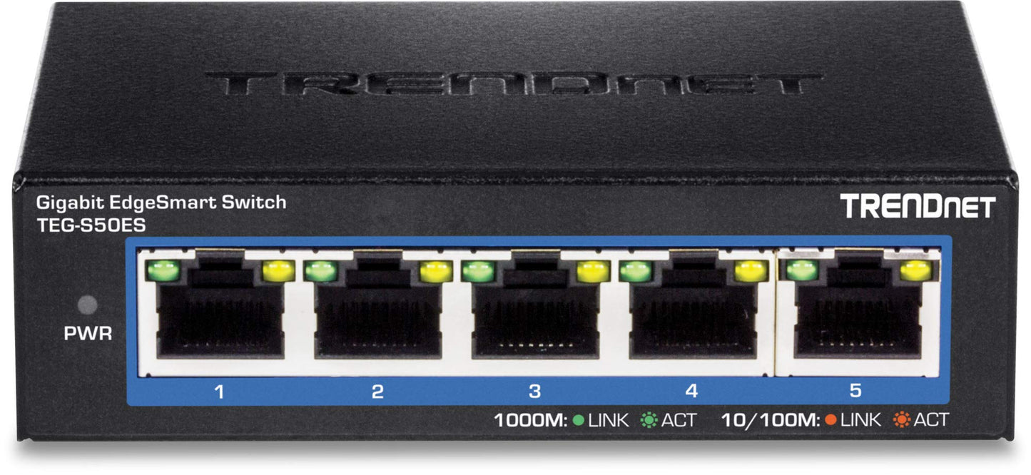 TRENDnet 5-Port Gigabit EdgeSmart Switch, TEG-S50ES, 5 x Gigabit Ports, 10Gbps Switch Capacity, Ethernet Splitter, Managed Smart Gigabit Switch