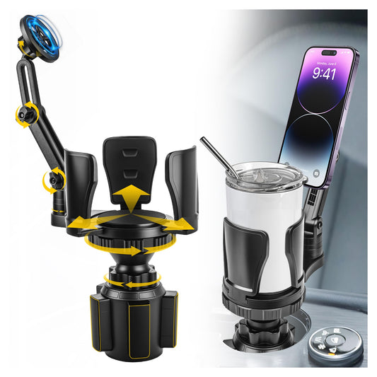 Frani Car Cup Holder Expander with Magnetic Phone Mount - Adjustable Insert Fits 2.68-4.33" Holders, 360° Adjustable Neck & Strong N52 Magnets