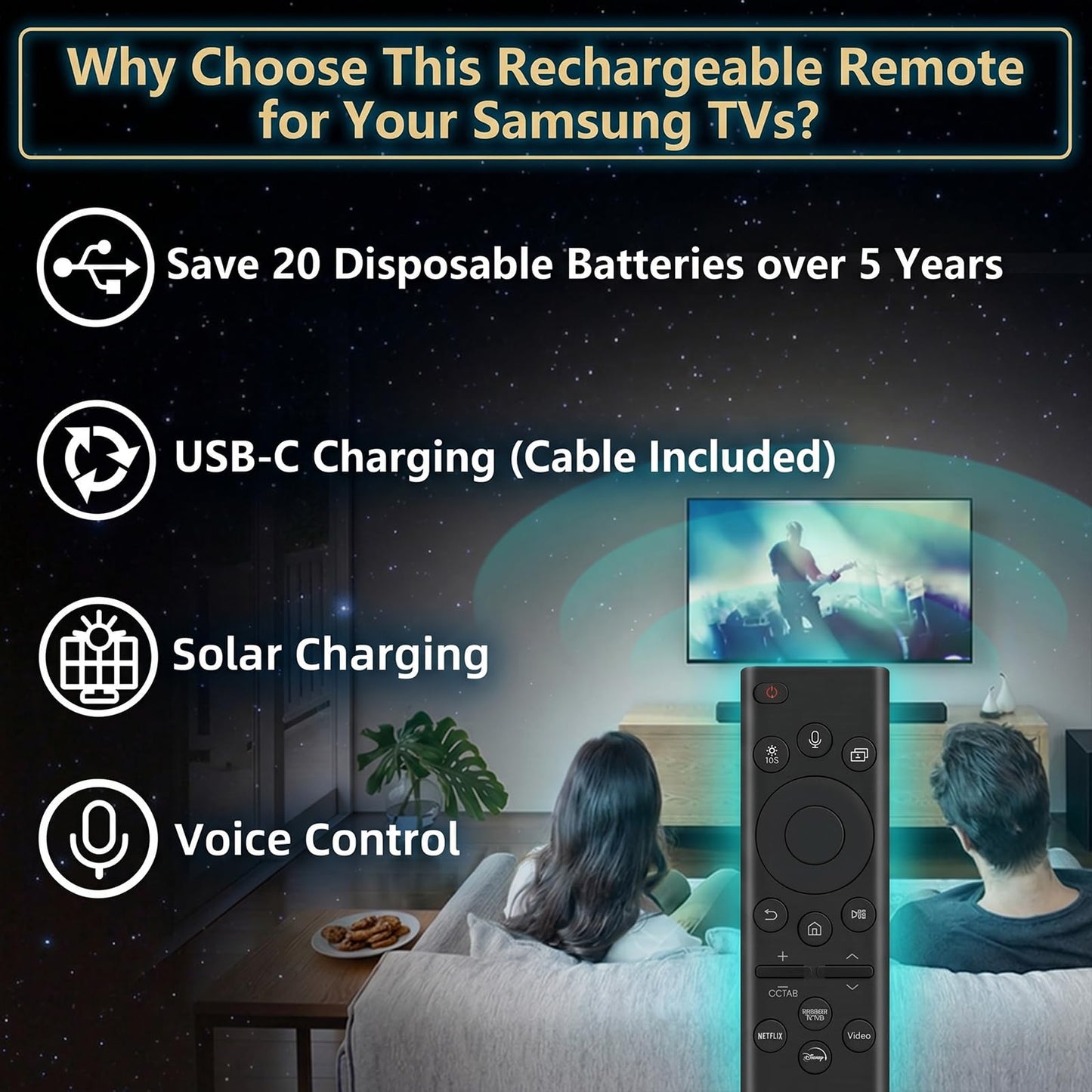 Rechargeable TV Remote for Samsung Smart TVs, Replacement for All 2019-2026 Samsung TV Remote Control with Voice Control?USB-C Fast Charging and Solar