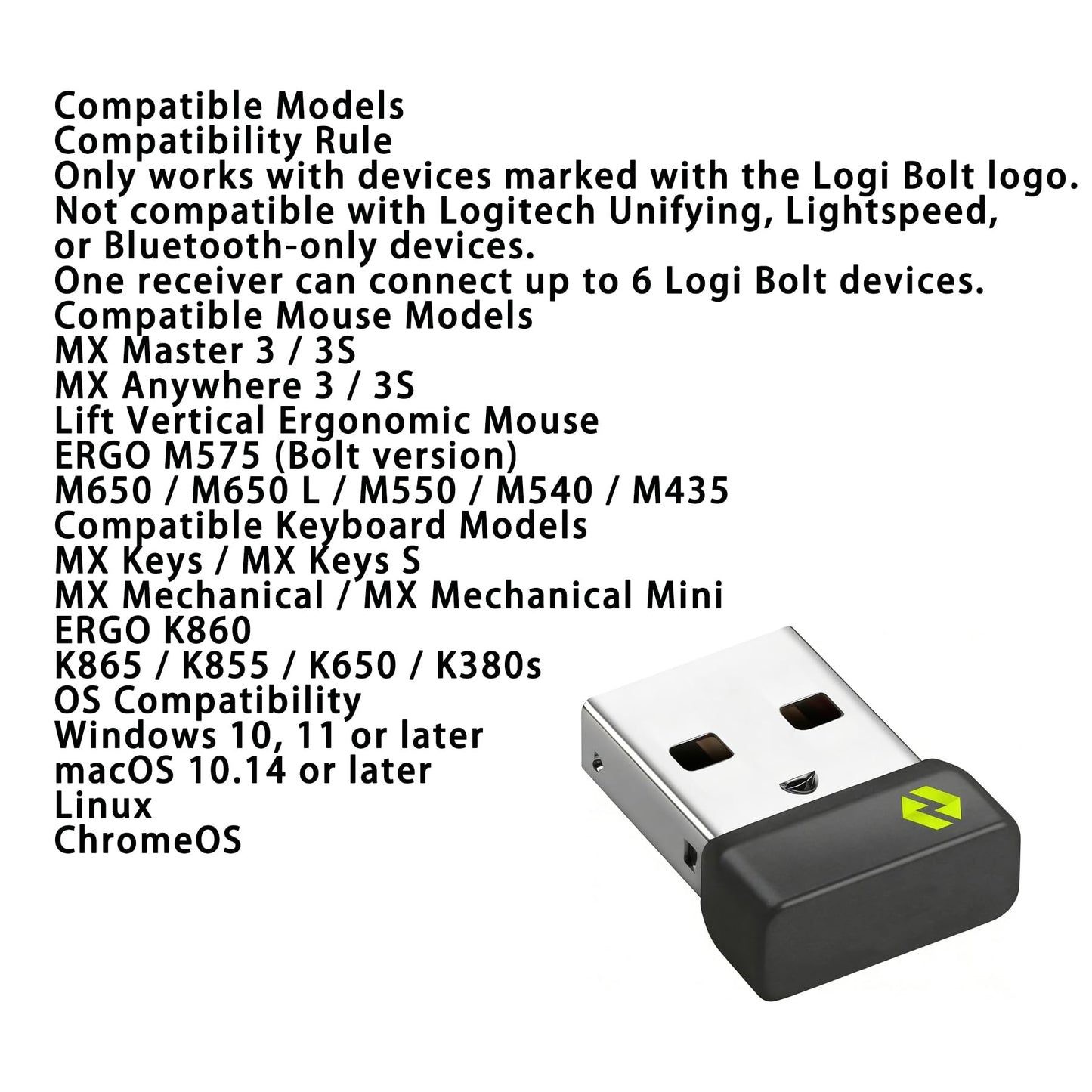 Bolt USB-A Receiver USB Receiver, W126584295 Bolt, Black, Green for Mouse and Keyboard Works with Any Logitech Product that Display The Bolt Logo (ONE