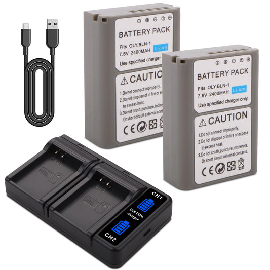DFTIM 2Pack BLN-1 Battery with Dual Fast Charger Compatible for Olympus BLN-1, BCN-1, for Olympus OM-D E-M1, OM-D E-M5, Pen E-P5 E-M5 MKII