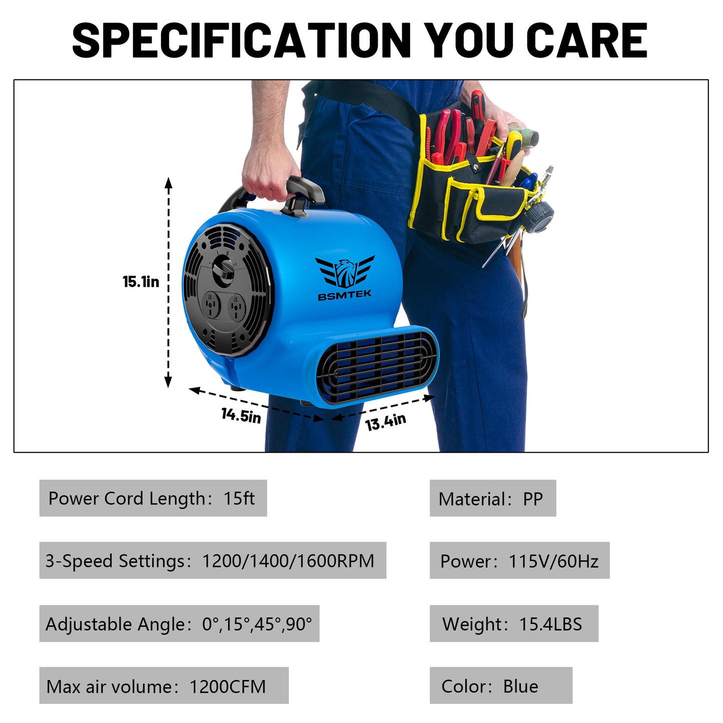 BSMTEK Air Mover Blower Fan, Industrial 1/3HP 1200CFM Monster Floor Blower Carpet Dryers - 3 Speeds Switch, 4 Adjustable Angles, 15FT Long Cord