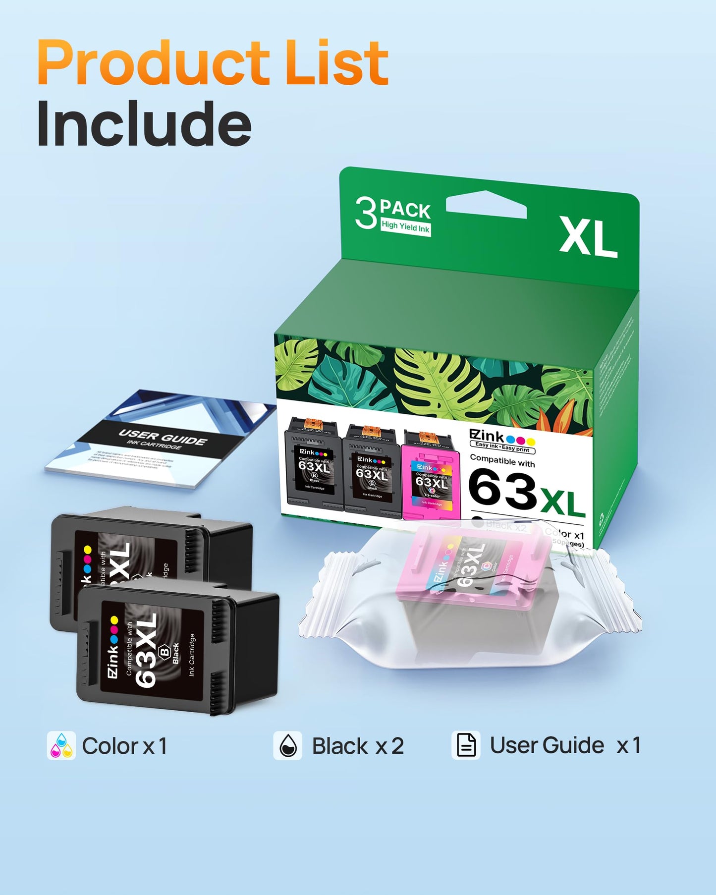 E-Z Ink Remanufactured Replacememt for 63XL Ink Cartridges Black and Color