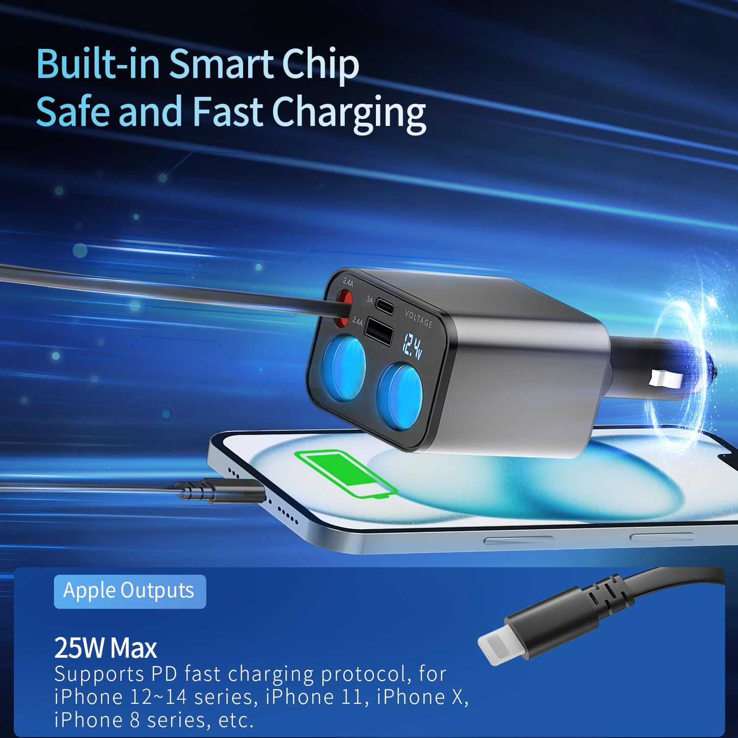 Paiholy 5 in 1 Retractable Car Charger Cigarette Lighter Splitter,159W Fast Car Charger with Retractable Cable,Dual USB Port&Dual Cigarette