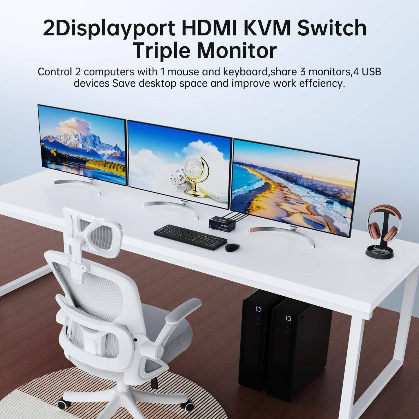 HDMI Displayport KVM Switch 3 Monitors 2 Computers 8K@60Hz 4K@144Hz,3 Monitor KVM Switch 2 Computers for 2 PC Share 3 Monitor and 4 USB3.0