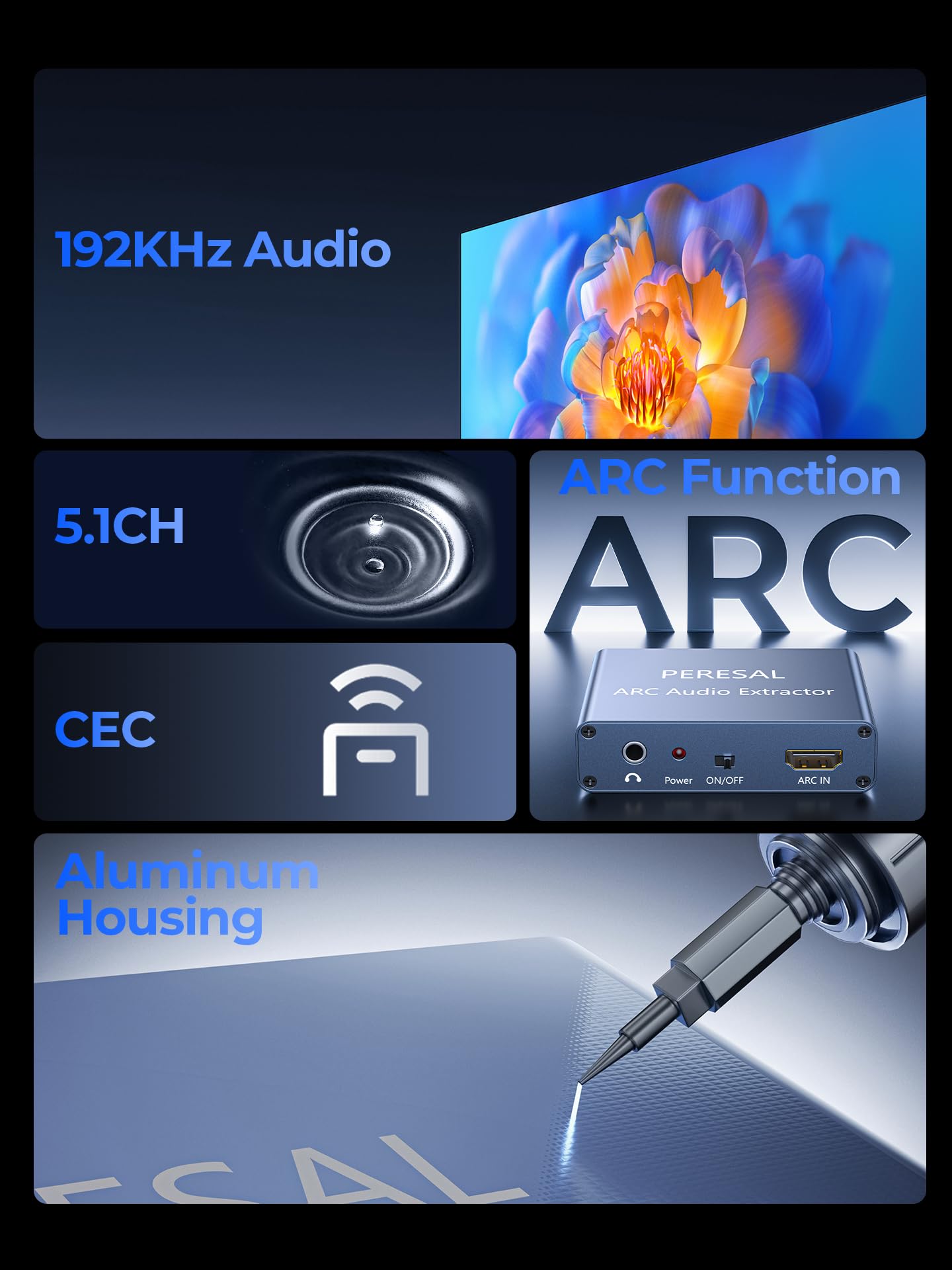 192KHz HDMI ARC Audio Extractor with Optical Cable ARC Converter HDMI ARC to Optical TOSLINK SPDIF Coaxial, RCA+3.5mm Jack L/R Stereo, Audio Splitter