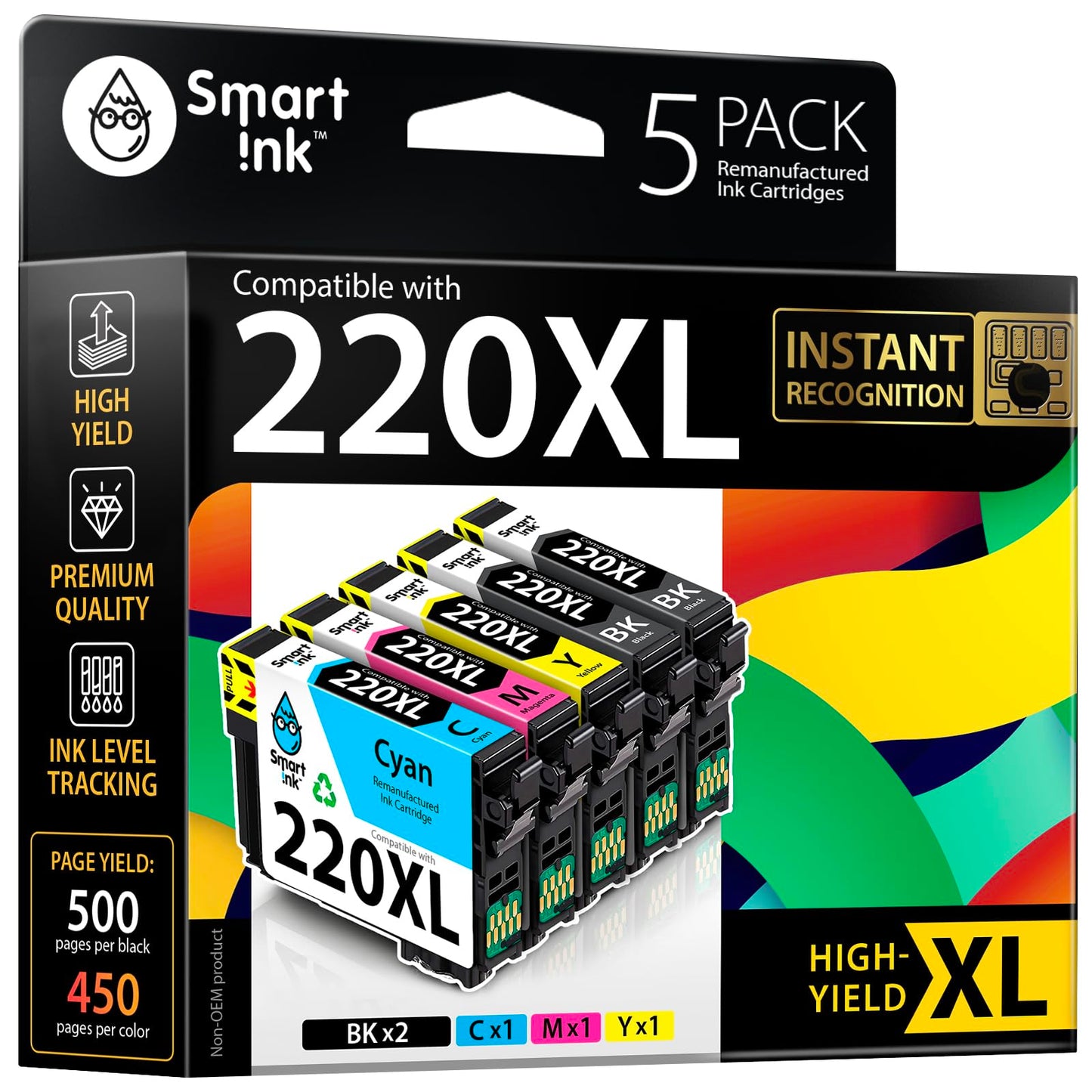 Smart Ink Remanufactured Ink Cartridge Compatible with Epson 220 XL T220 220XL 5 Multipack (2 Black, C/M/Y) to use with Workforce WF2630 WF2650 WF2750