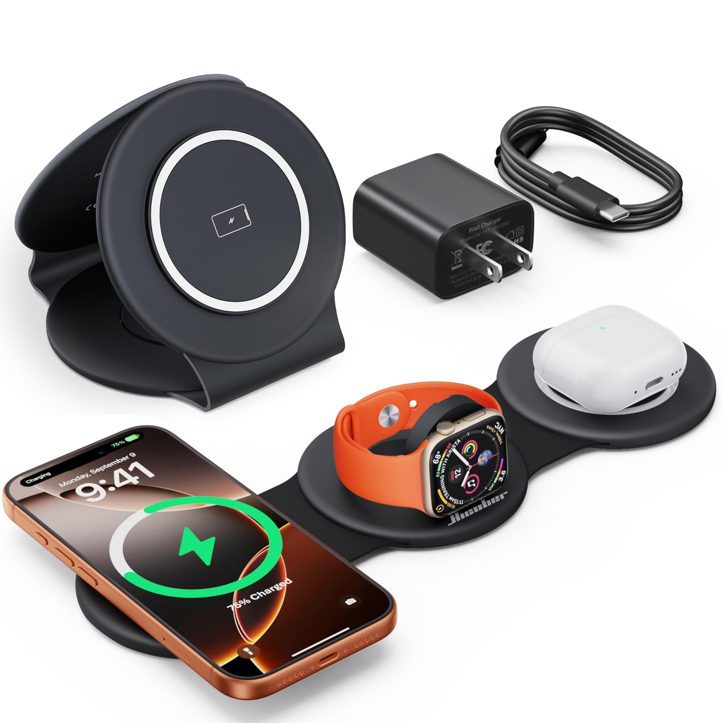 HICOBER 3 in 1 Charging Station for Multiple Apple Devices, Compatible with iPhone 17/16/15/14/13, Apple Watch & AirPods, Foldable Fast Wireless