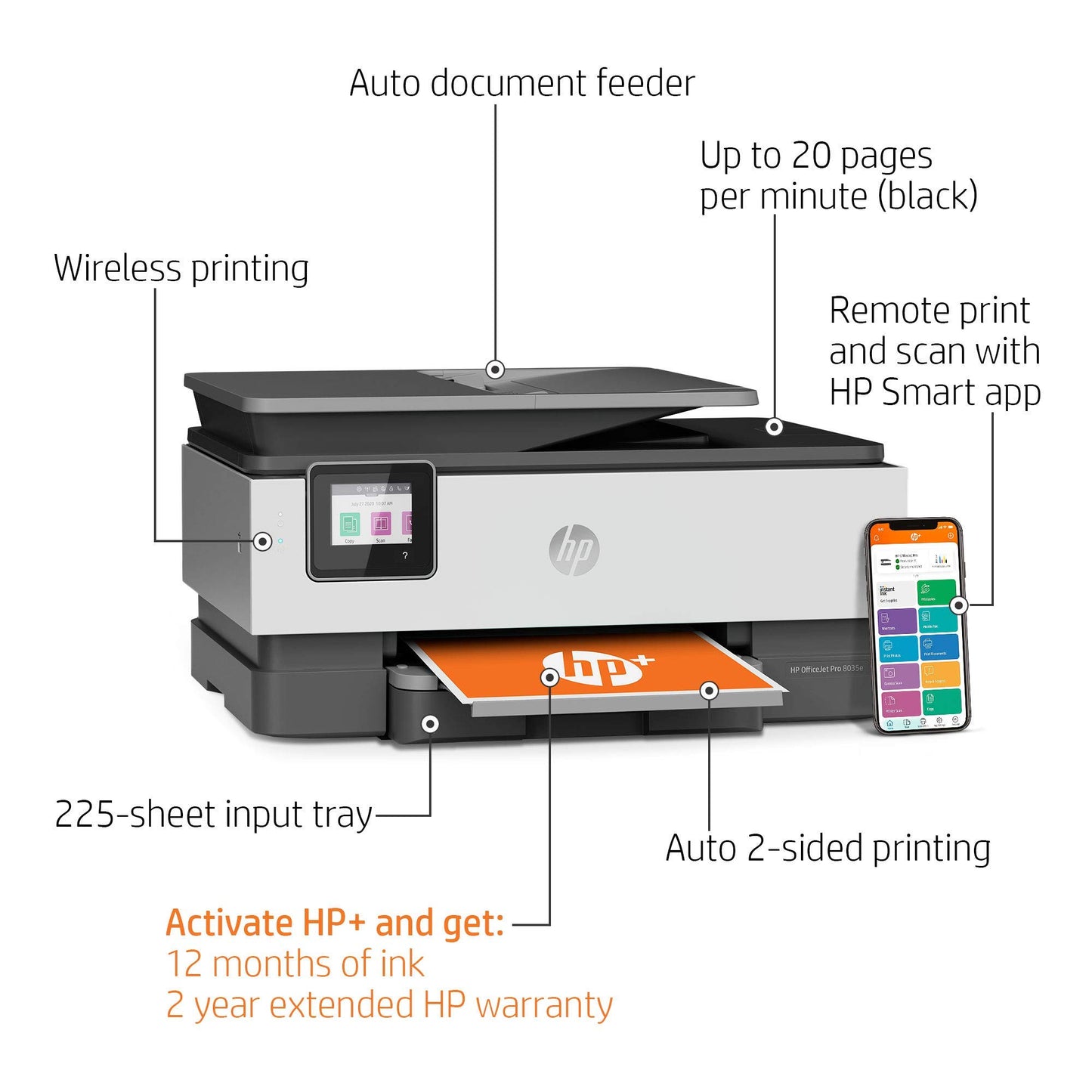 HP OfficeJet Pro 8035e All-in-One Wireless Color Printer (Basalt) for home office, with 12 months Instant Ink with HP+, Compatible with Alexa (1L0H6A)