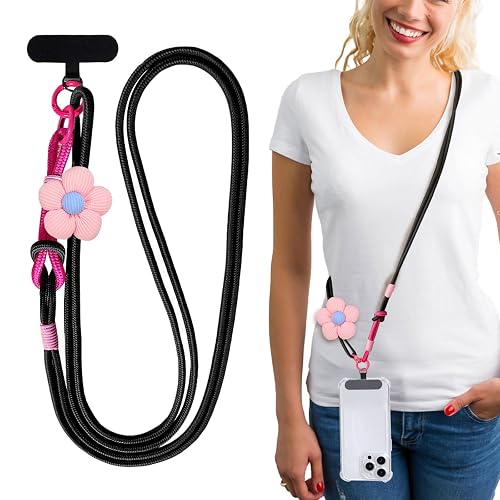 MWRDSM Phone Lanyard with Flower Anti-Theft Crossbody Strap Universal Cell Phone Nylon Lanyard Patch Neck Strap Outdoor Activities (Black)