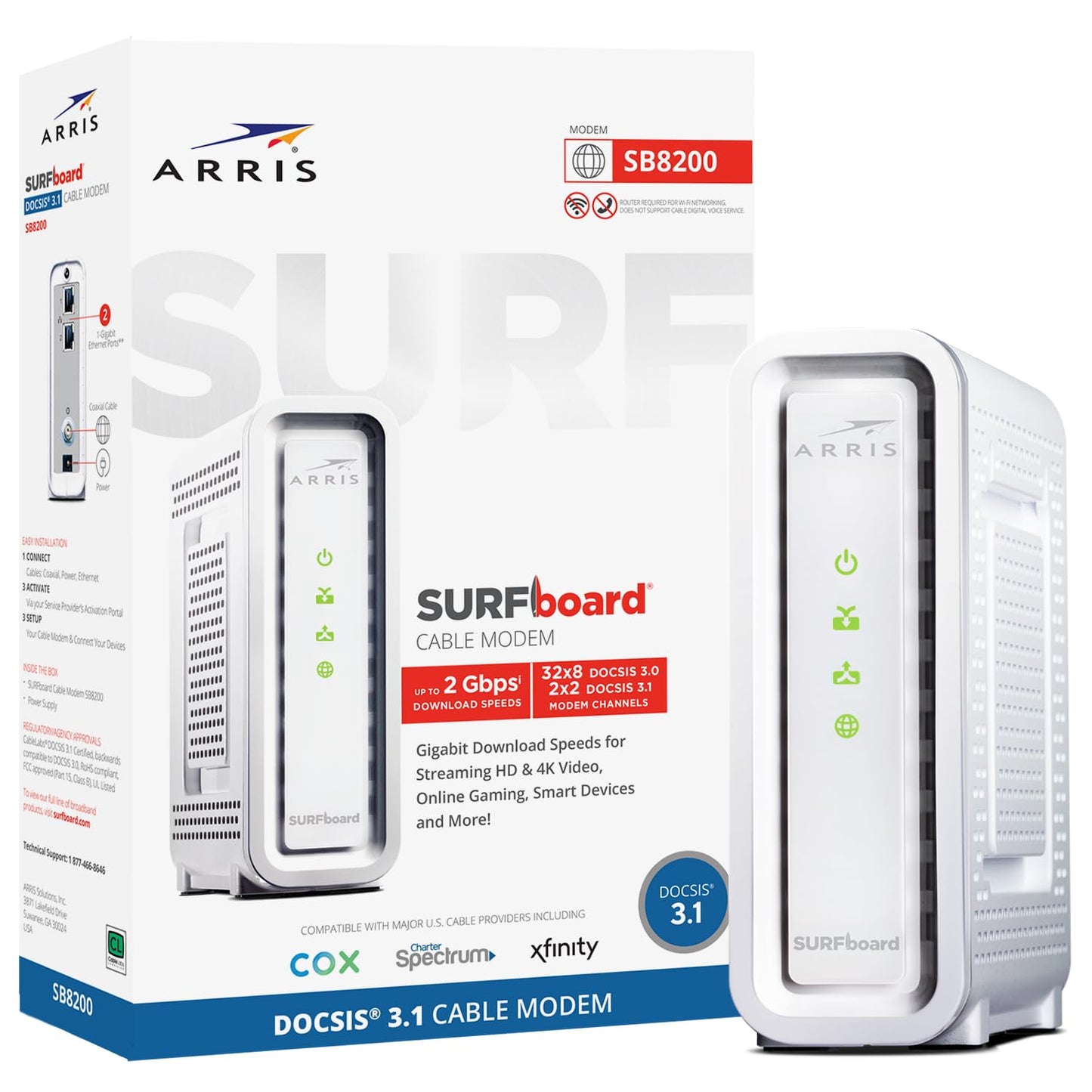 ARRIS SURFboard SB8200 DOCSIS 3.1 Multi?Gig Cable Modem | 2 -1Gbps Ethernet Ports | Works with Xfinity, Cox, Spectrum | For Cable Internet Plans up