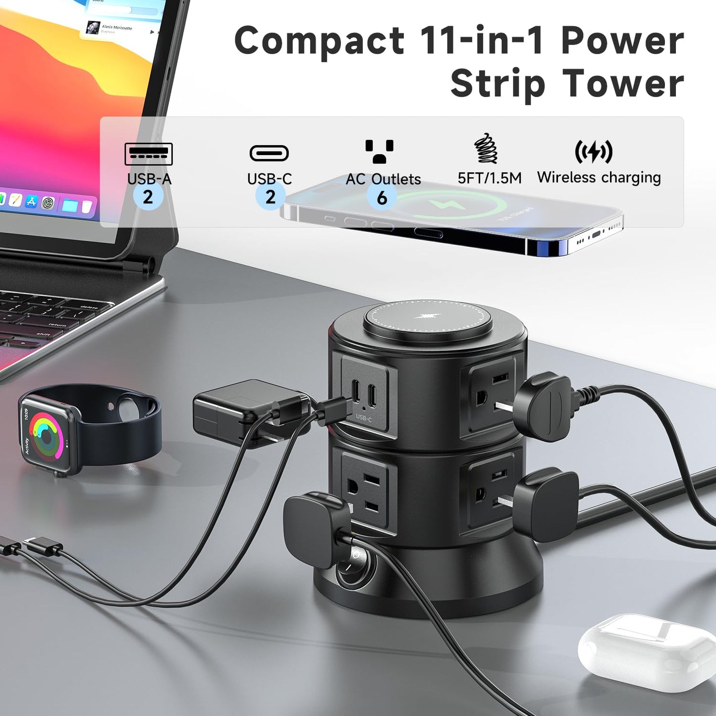 Power Strip Tower 1875W 15A with 15W Magnetic Wireless Charger, Dual-Layer Rotatable Design, 540 Joules Surge Protector Tower with 6 AC Outlets and 4