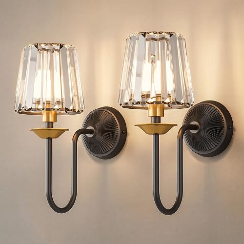 KernLite Black and Gold Battery Operated Wall Sconces Set of Two, Crystal Wireless Rechargeable Wall Lights with Remote, Dimmable 3 CCT and 12 RGB
