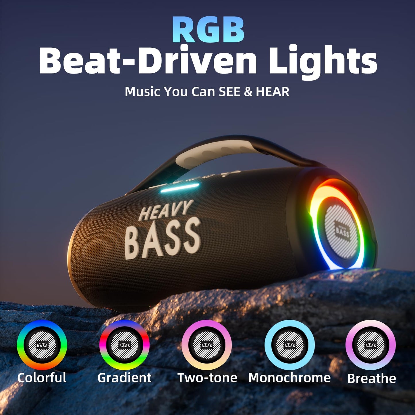 HEAVY BASS Speakers Bluetooth Wireless, 80W Max Loud Portable Speaker with Bass, 20H Playtime, IPX6 Waterproof, Dual Pairing, Gift Ideal for Adults