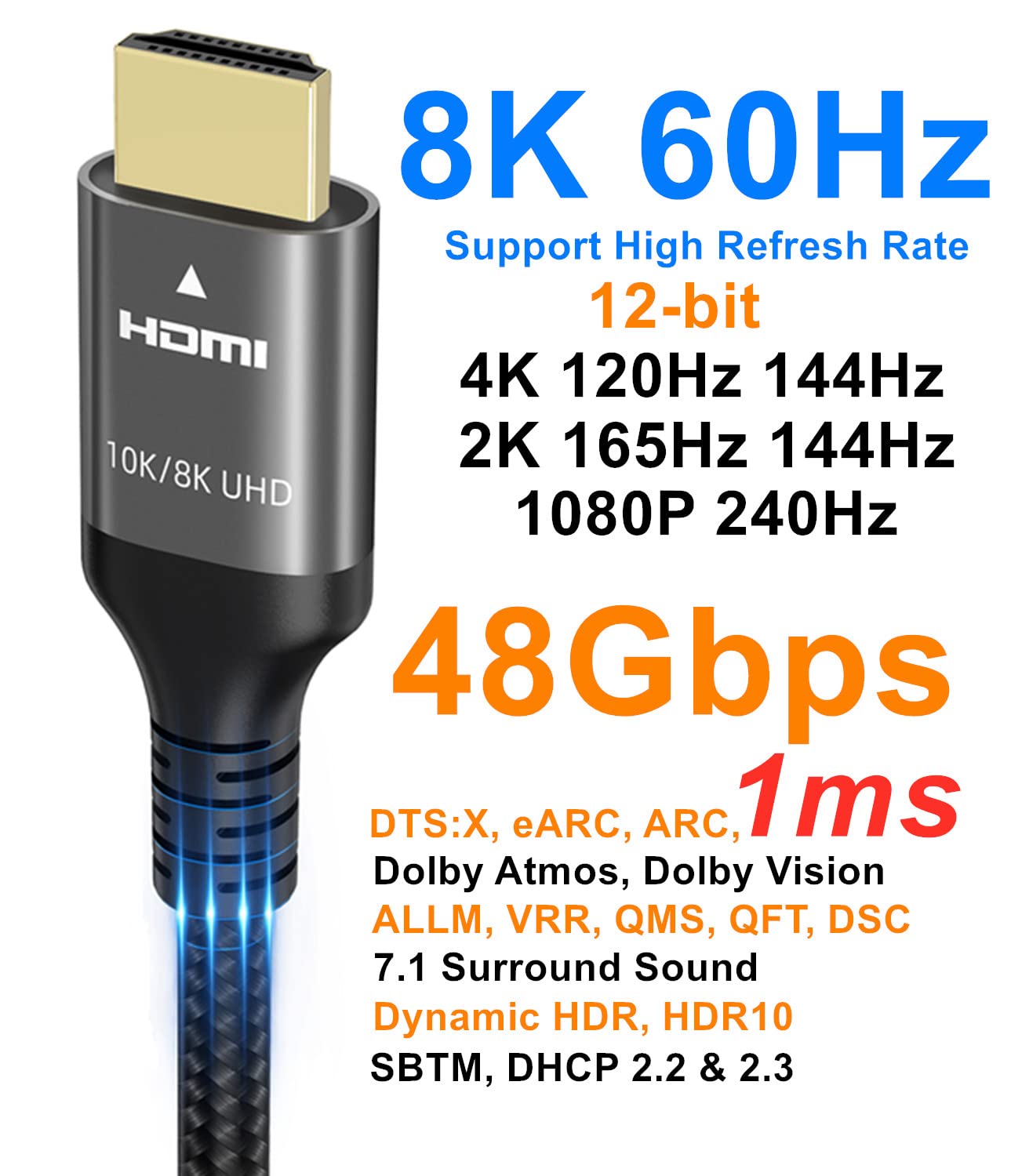 Ubluker 10K 8K 4K HDMI Cable 48Gbps 6.6 FT, Certified Ultra High Speed HDMI® Cable 4K 240Hz 144Hz 120Hz 8K60Hz 0.01ms HDR10+ eARC HDCP2.3 Netflix Roku