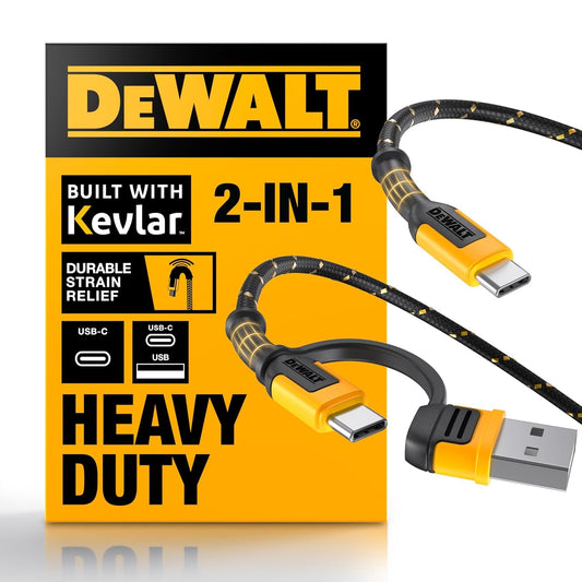 DEWALT Heavy Duty 2in1 Charging Cable, USB C to USBC w/Adapter USB, 60W PD Fast Charging & Data Sync, TypeC Charger Cables for Multiple Devices
