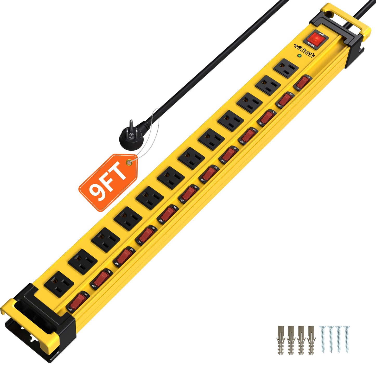 Plug'n 12 Outlet 13 Individual Switches,3300J Surge Protector Power Strip,9FT/14AWG/15AMP/1875W Power Cord,Heavy Duty Metal Power Strip with Cord