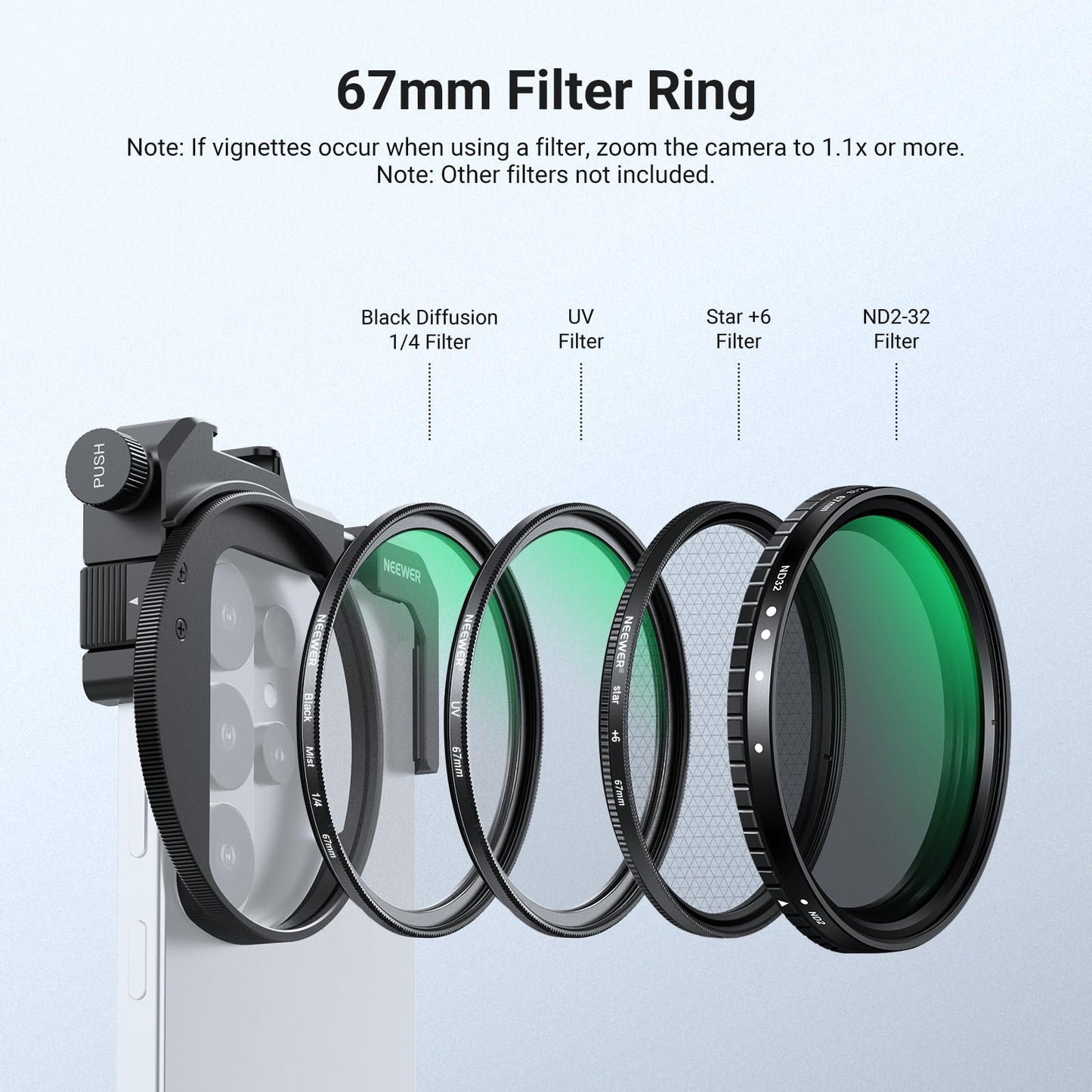 NEEWER 67mm Phone Filter Holder with Adjustable Clamp, Cold Shoe Mount & CPL Filter, Phone Camera Photography Accessories Compatible with iPhone 17 16