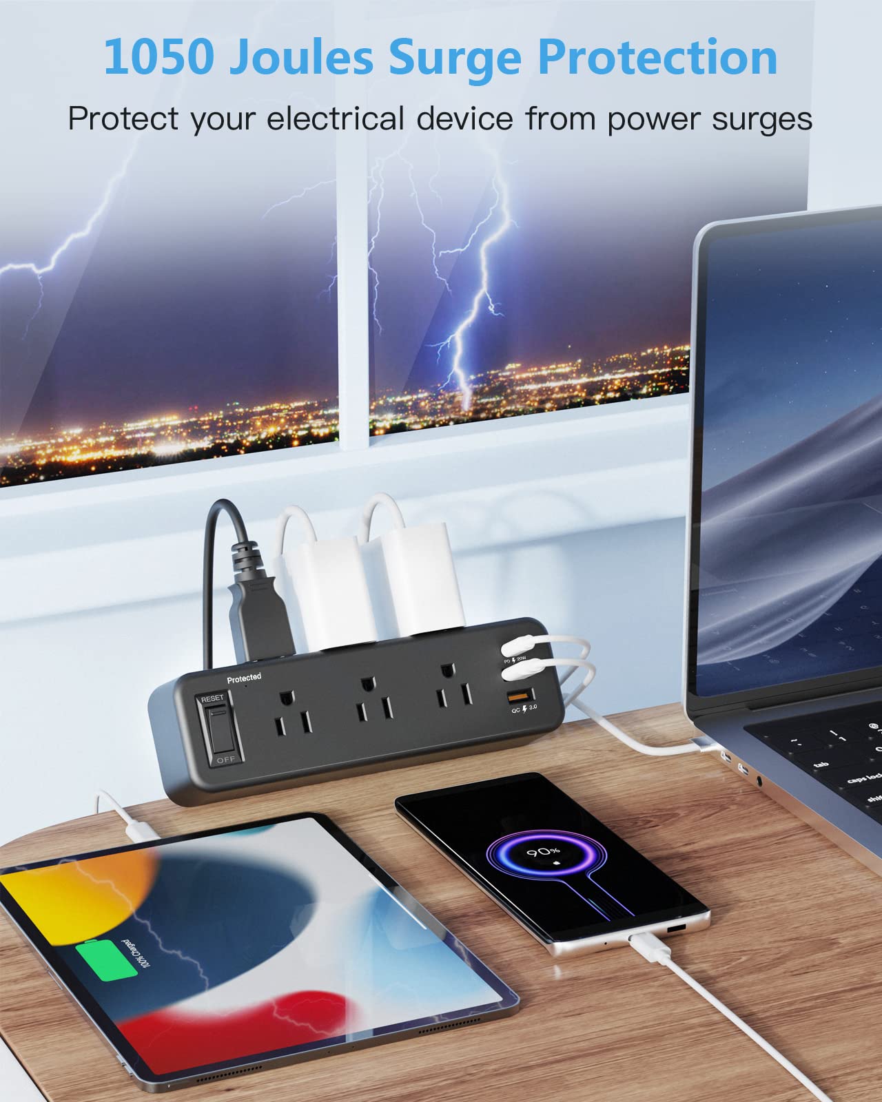 6 Outlet Desk Clamp Power Strip with USB C, Flat Plug Surge Protector, Desktop Edge Mount for 1.8 inch Tabletop Thick, Connect 6 ft Extension Cord