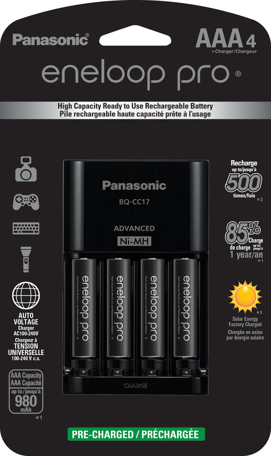 Eneloop Panasonic K-KJ17K3A4BA Advanced Battery Charger Pack with 4 AAA pro High Capacity Ni-MH Rechargeable Batteries