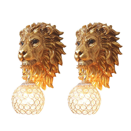 Pobllem Gold Lion Head Wall Sconces Set of 2, Modern Luxury Crystal Globe Wall Lamp, Resin Animal Head Decorative Wall Mounted Light Fixtures