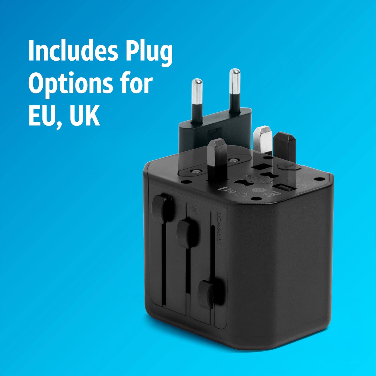 AT&T Professional 12W Universal Travel Adapter with Multi-Port USB-C and USB-A International Power Compatibility USA EU UK AUS Plug Options Black