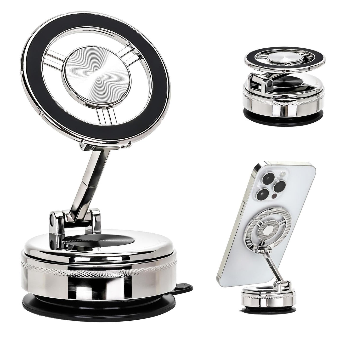 Car Phone Holder - 360° Rotation Alloy Phone Mount for Car, Magnetic Compatible, Nano Gel Suction Cup, for Dashboard/Desk, Fits iPhone, All