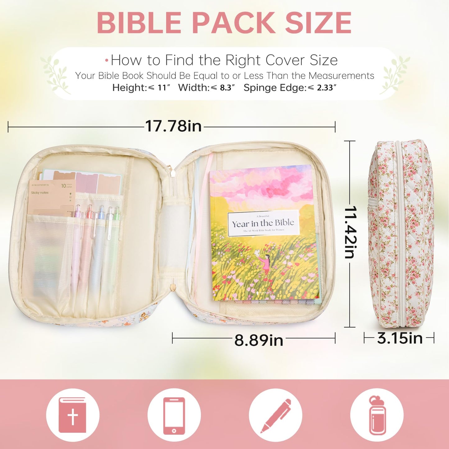 Bible Cover Case for Women Bible Bag Cover with Durable Handle Quilted Bible Carrying Case for Girls Bible Study Supplies Accessories (Siamese Rose)