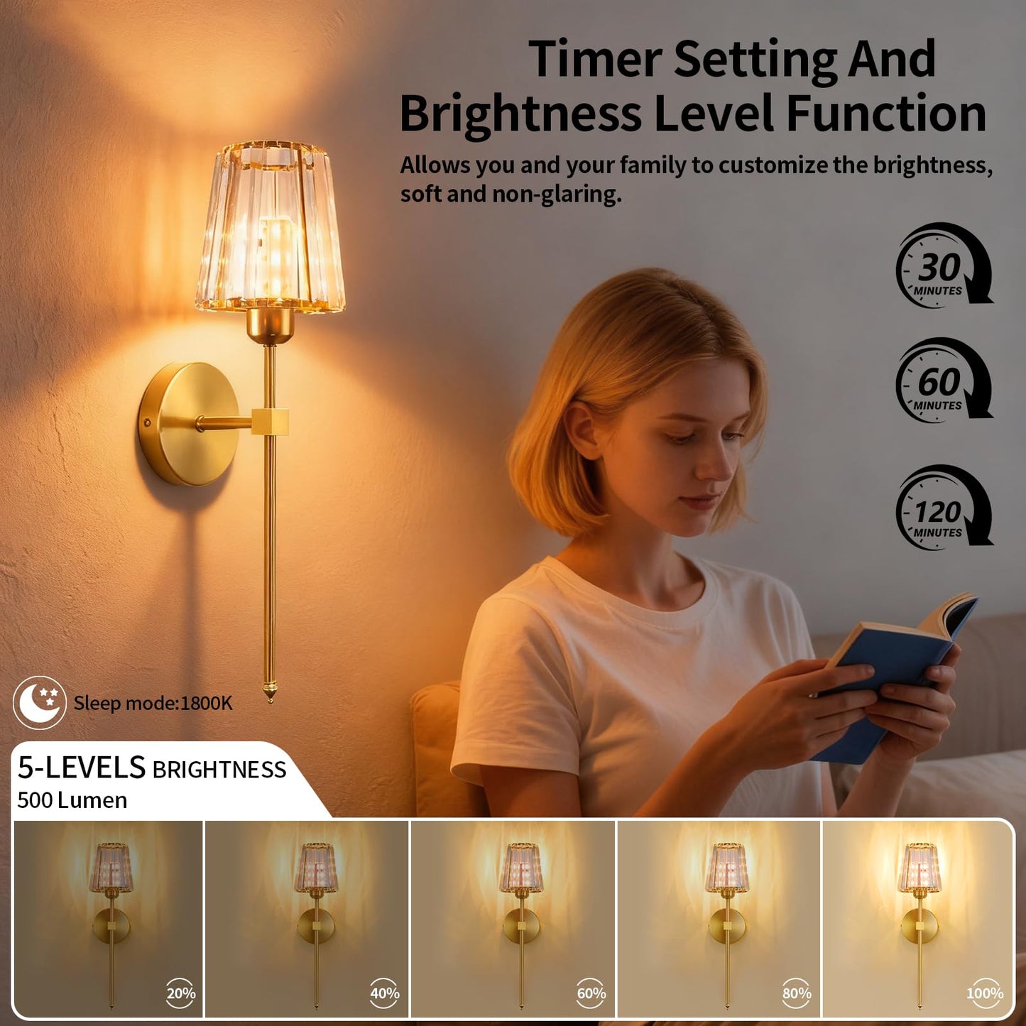 FNHMSL Battery Operated Crystal Wall Sconces Set of 2, Gold Wireless Wall Sconces with LED Light Bulbs 12 Colors Dimmable Remote Crystal Wall Lamp