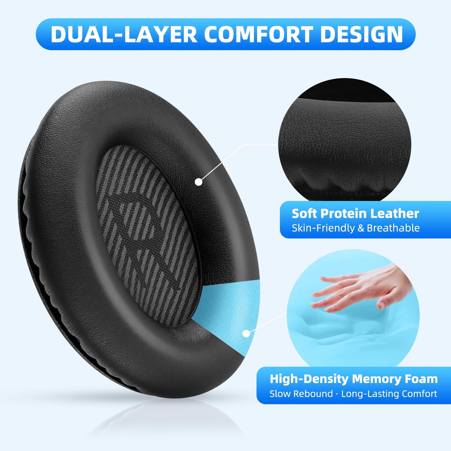 BINGLE Replacement Ear Pads for Bose Headphones QuietComfort 35 (QC35) & Quiet Comfort 35 II (QC35ii) Protein Leather Ear Cushions- Memory Foam- Added